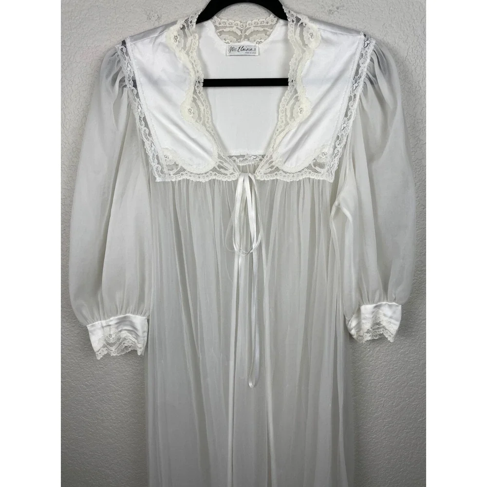 Vtg Miss Elaine CHIFFON PEIGNOIR Robe HOUSECOAT Large White Sheer Union Made USA